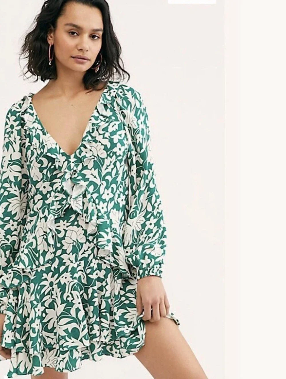Free People Rebecka Floral Ruffled Dress Emerald Green Small XS $128